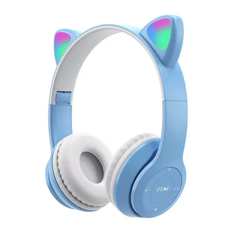 Cute Cat Ear Wireless Headphones with Rgb LED Lights for Kids Stereo Bluetooth Headset for Mobile Music and Computer Gaming