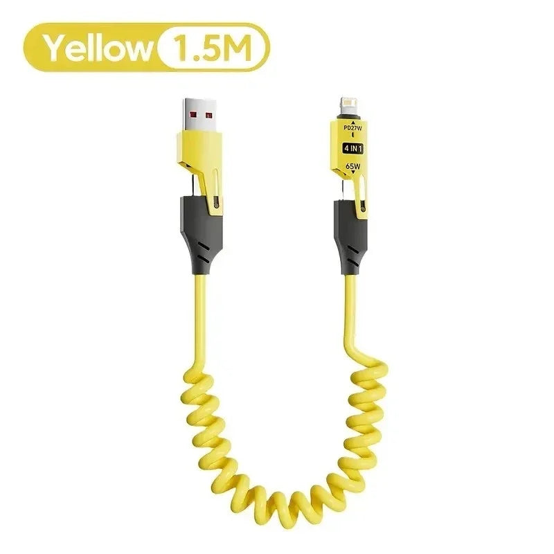 4 in 1 65W Spring Short Data Cable 6A USB Type C Spring Telescopic Quick Charger Wire Spring USB Cable for iPhone 15 14 13 12