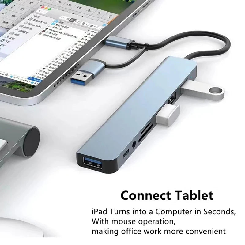 8 in 2 USB +Type C HUB Docking Station with 3.5mm Audio Jack Adapter Micro SD Card Reader Laptop Tablet Phone Disk Converter