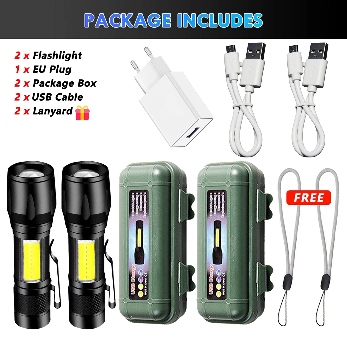 High Strong Power LED Flashlight Tactical Torch USB Rechargeable Zoom Emergency Lights For Outdoor Fishing Work Lighting Lamp