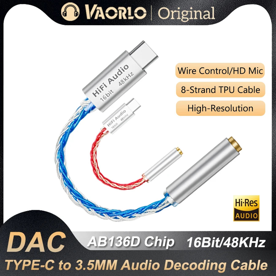 VAOLRO AB136D USB Type-C to 3.5mm Headphone Amplifier 16Bit/48KHz HiFi Audio Decoder Cable IEM AMP Mobile Phone Adapter DAC Chip