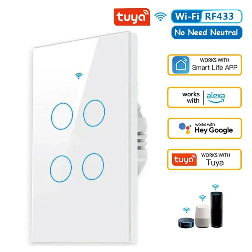 Tuya App US WiFi Smart Wall Switch 1/2/3 Gang No Neutral Wire Touch Sensor LED Light Switches Smart Home Alexa Google Home