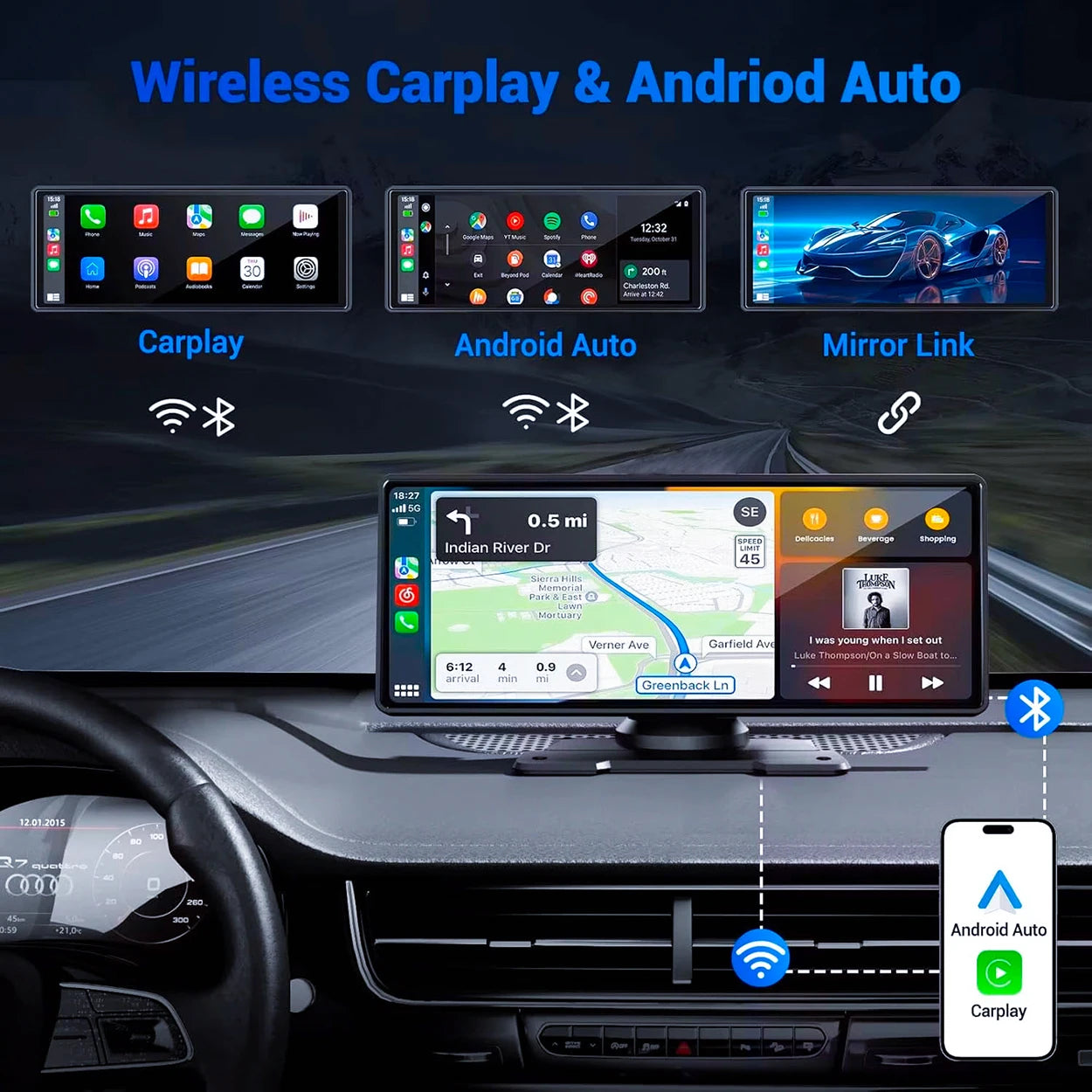 Pionray 7/10 inches android auto Universal Portable CarPlay for Car Screen Car Radio Video Wireless Carplay Screen for Apple