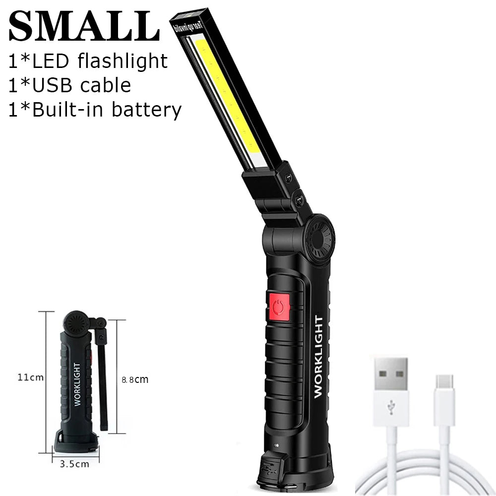 Rechargeable LED Emergency Flashlight Portable COB Folding Work Light 5Modes Waterproof Camping Floodlight With Magnetic & Hook