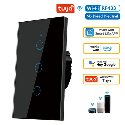 Tuya App US WiFi Smart Wall Switch 1/2/3 Gang No Neutral Wire Touch Sensor LED Light Switches Smart Home Alexa Google Home