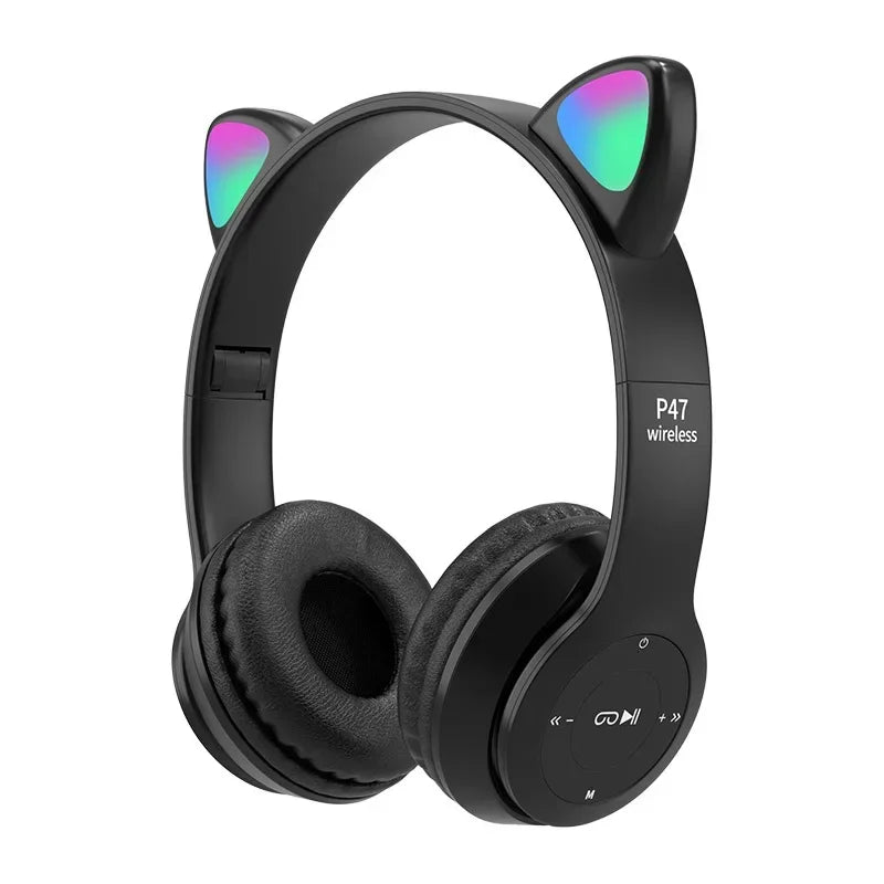 Cute Cat Ear Wireless Headphones with Rgb LED Lights for Kids Stereo Bluetooth Headset for Mobile Music and Computer Gaming