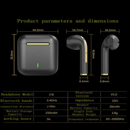 J18 TWS Wireless Earbuds, 5.3 Bluetooth Headphones Long Playtime, Noise Cancelling Voice Call, for Gaming, Business & Sports