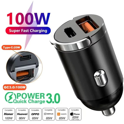 200W Car Mobile Phones Fast Charger Dual USB Quick Charger 3.0 USB Type C 12-24V Lighter Fast Charging Car Power Charger Adapter
