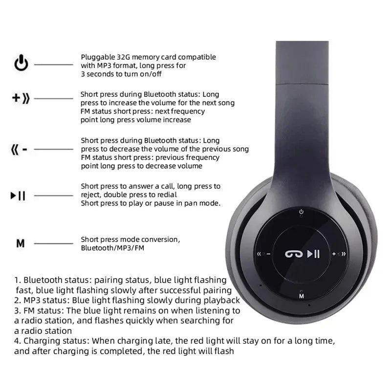 P47 Wireless bluetooth headphone With Mic Headsets Stereo Sound Earphones Sports Gaming Headphones Supports PC Smartphone