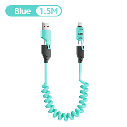 4 in 1 65W Spring Short Data Cable 6A USB Type C Spring Telescopic Quick Charger Wire Spring USB Cable for iPhone 15 14 13 12