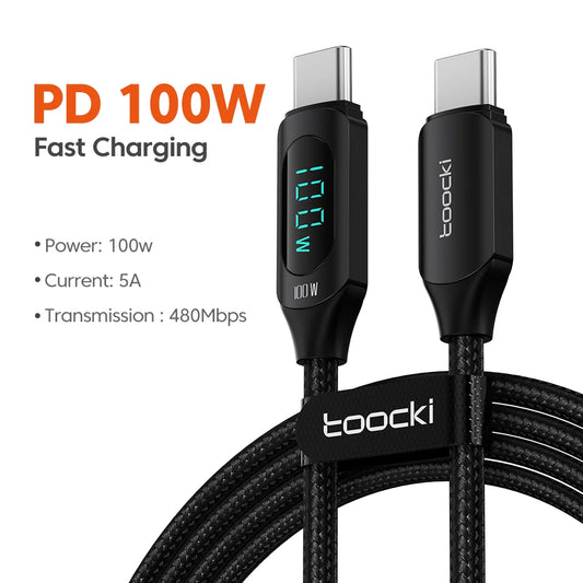 Toocki 100W USB C Cable for Samsung to 5A LED Digital Display High-Speed TypeC Wire for Xiaomi POCO Huawei USB Charger Data Cord