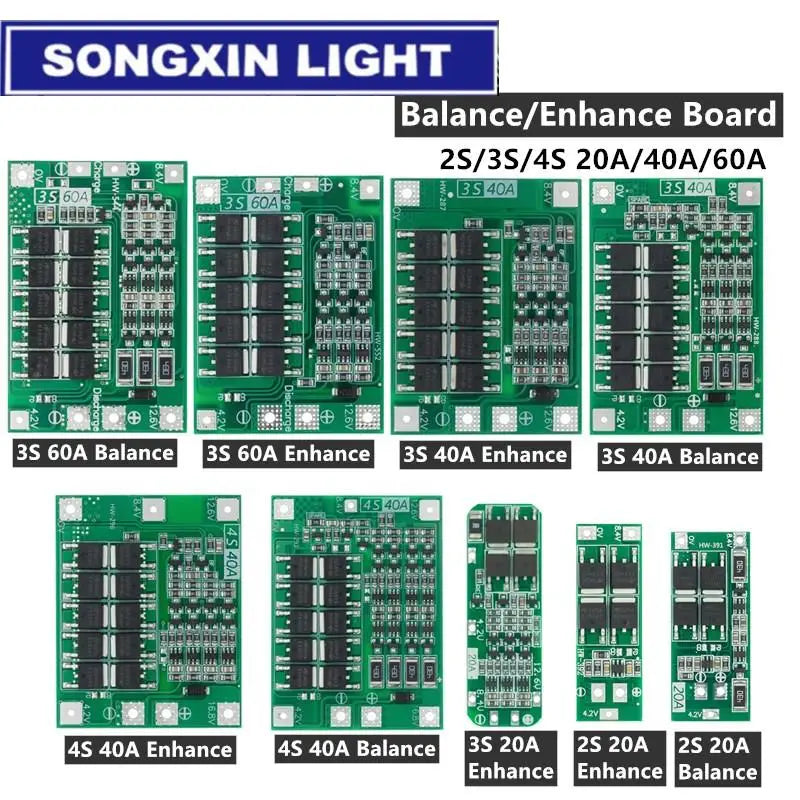 2S 3S 4S 20A 40A 60A Li-ion Lithium Battery Charger Protection Board 18650 BMS Drill Motor 11.1V 12V/14V 16.8V Enhance/Balance