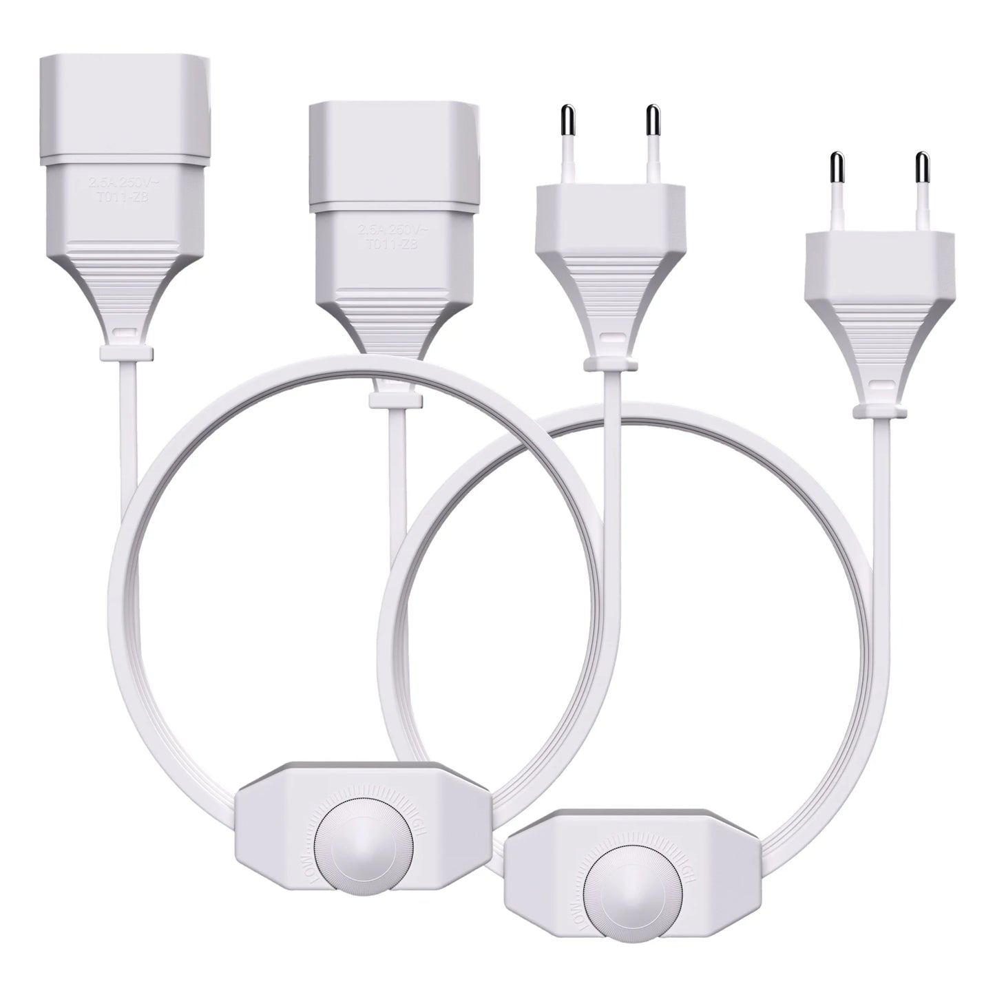 1/2-pack European LED switching power cord socket, 2-pin flat EU plug, silent LED dimmer, total length 2M, black and white