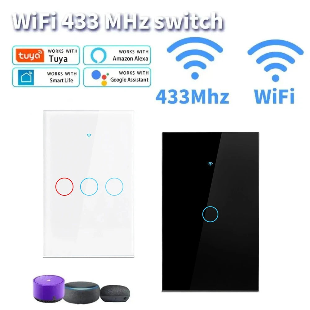 Tuya App US WiFi Smart Wall Switch 1/2/3 Gang No Neutral Wire Touch Sensor LED Light Switches Smart Home Alexa Google Home