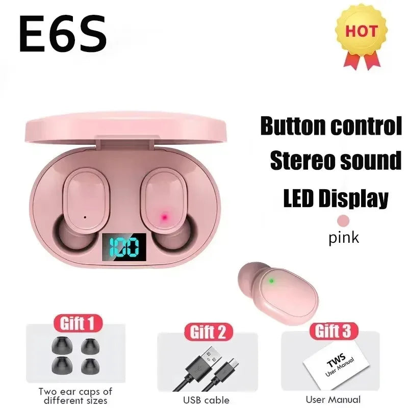 TWS E6S Wireless Bluetooth Earphones By Mic LED Display Stereo Noise Cancelling Headset With Charging Cable For All Smartphone
