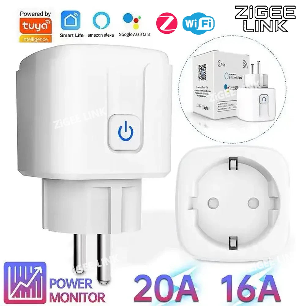 Tuya WiFi Smart Plug EU 16/20A Socket with Power Monitoring Voice&APP Control Timer Switch for Alexa Google Assistant Smart Life