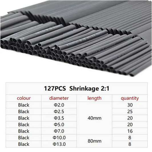 127PCS Heat-shrink Tubing Kit 2:1 black Thermoresistant Tube Electrical Connection Wire Cable Insulation Sleeving