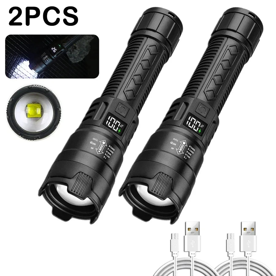 High Power 2000LM LED Flashlight Built-in Battery USB Rechargeable Strong Light Tactical Torch Outdoor Camping Hiking Lantern