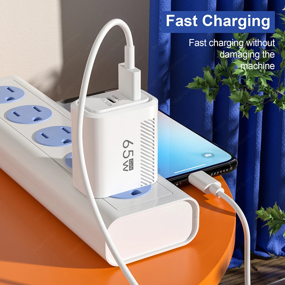 65W GaN USB Charger PD QC3.0 EU/US Plug Wall Charger Adapter For iPhone Samsung Xiaomi Phone Type C Fast Charging Power Adapter