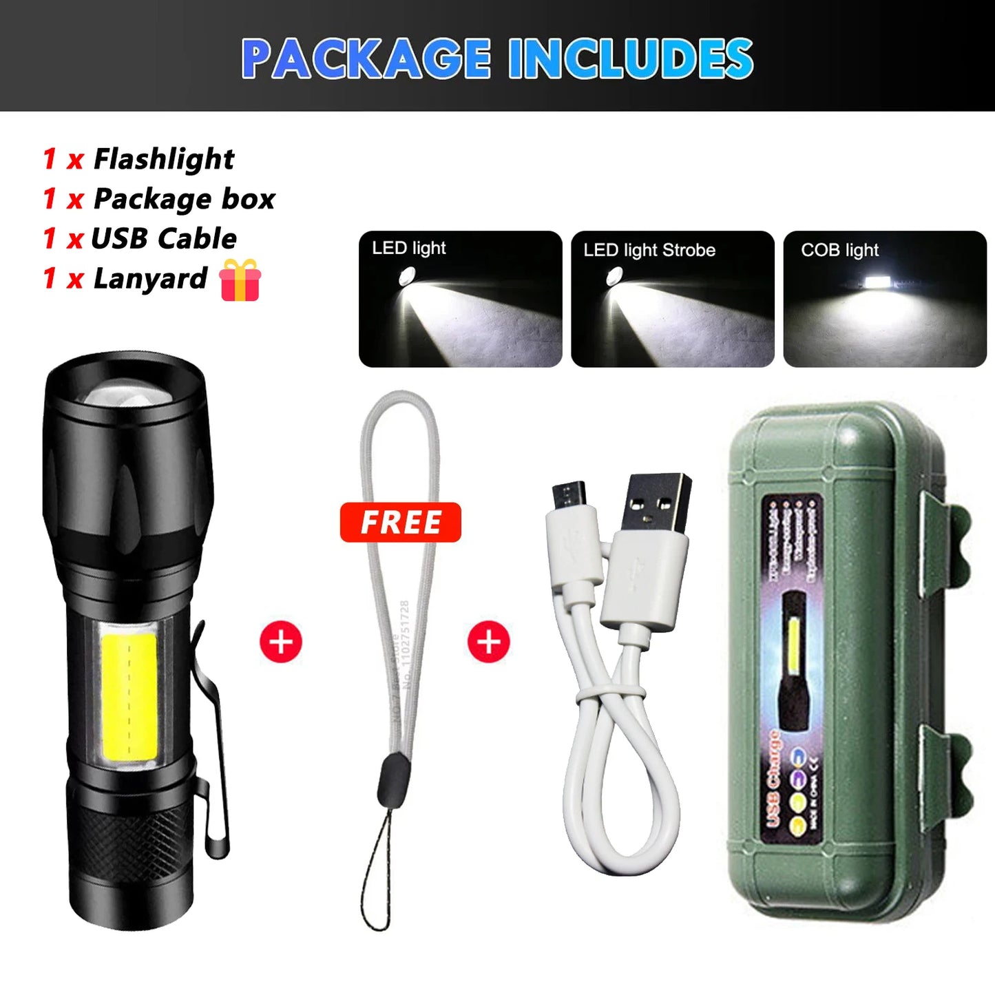 High Strong Power LED Flashlight Tactical Torch USB Rechargeable Zoom Emergency Lights For Outdoor Fishing Work Lighting Lamp
