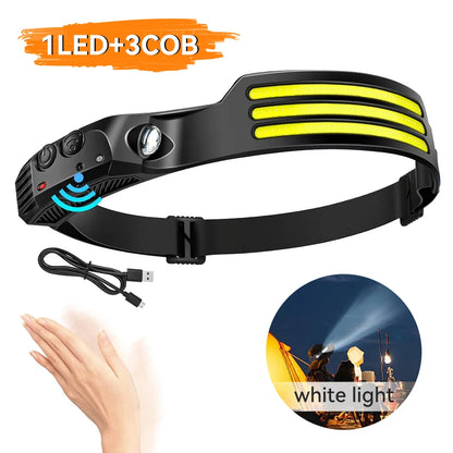 COB LED Headlamp Induction Head Lamp Built-in Battery USB Rechargeable Head Flashlight Outdoor Camping Fishing Sensor Headlight