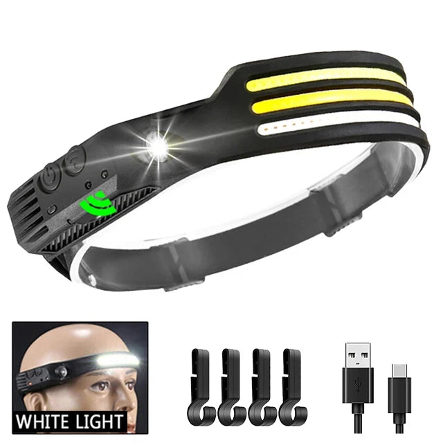 COB LED Headlamp Induction Head Lamp Built-in Battery USB Rechargeable Head Flashlight Outdoor Camping Fishing Sensor Headlight