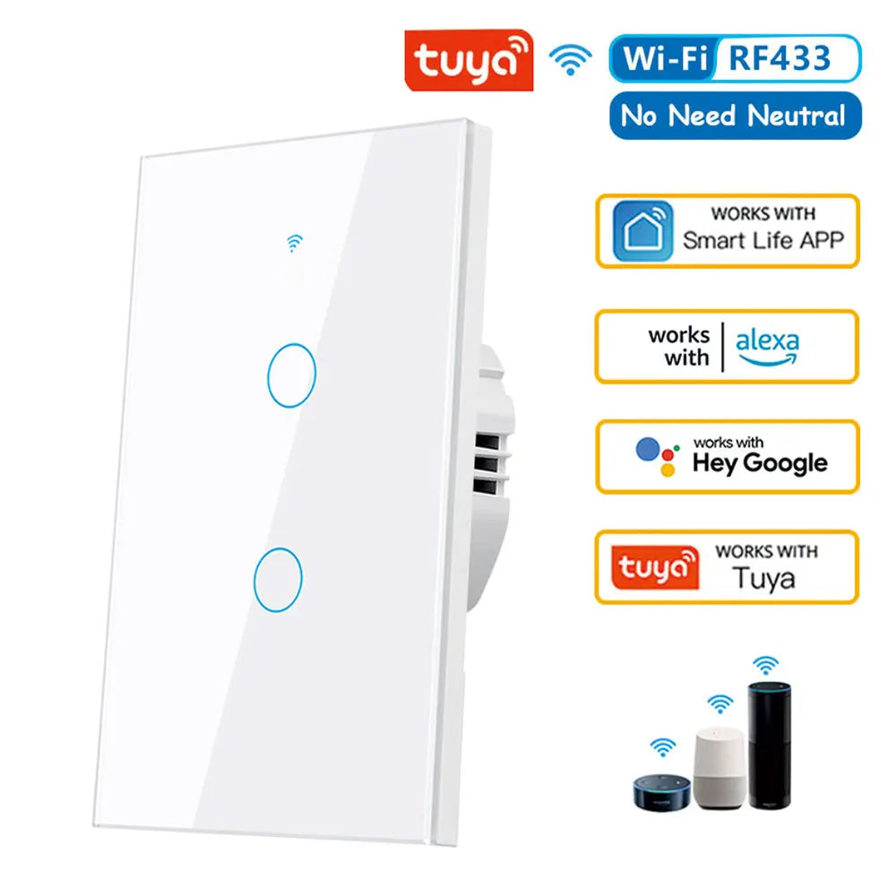 Tuya App US WiFi Smart Wall Switch 1/2/3 Gang No Neutral Wire Touch Sensor LED Light Switches Smart Home Alexa Google Home