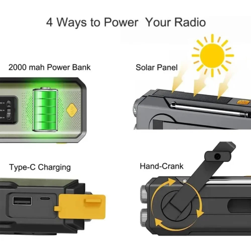 Portable Solar Crank Emergency Radio Global FM Receiver LED Flashlight 2000mAh High Quality SOS Alarm