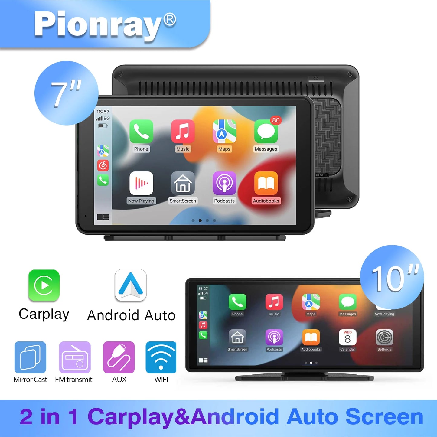 Pionray 7/10 inches android auto Universal Portable CarPlay for Car Screen Car Radio Video Wireless Carplay Screen for Apple