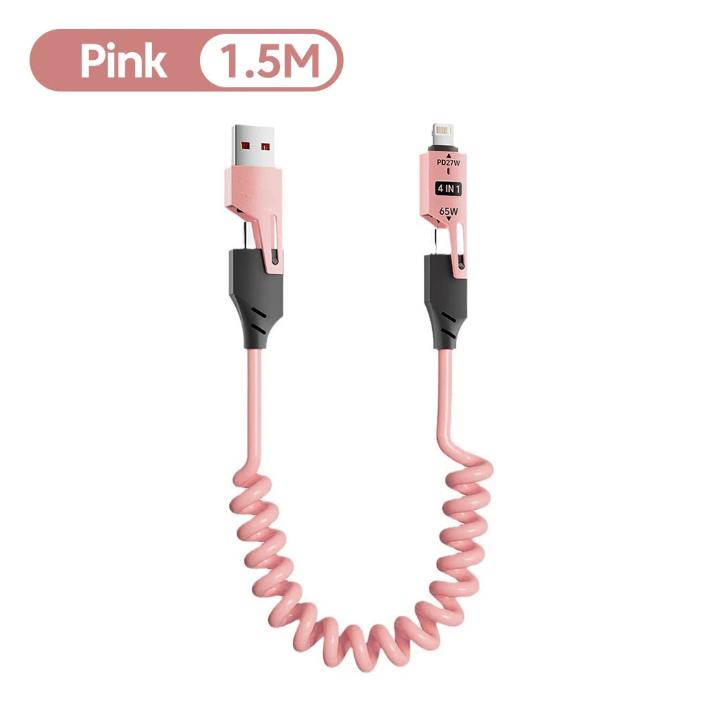 4 in 1 65W Spring Short Data Cable 6A USB Type C Spring Telescopic Quick Charger Wire Spring USB Cable for iPhone 15 14 13 12