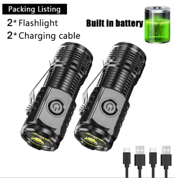 Portable Mini LED Flashlight Powerful 3*Wick Small Pocket Torch USB Rechargeable Strong Light Lantern Super Bright Cap Clip Lamp