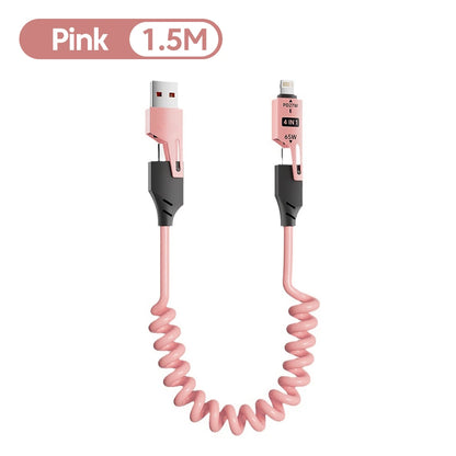 4 in 1 65W Spring Short Data Cable 6A USB Type C Spring Telescopic Quick Charger Wire Spring USB Cable for iPhone 15 14 13 12
