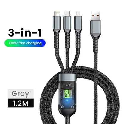 3-in-1 USB 100W 6A Fast Charger Cable Car USB To Type-C Micro LIGHTNING Cable For iPhone 16 15 14 13 Samsung Xiaomi Huawei