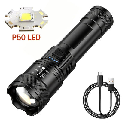 High Strong Power LED Flashlight Tactical Torch USB Rechargeable Zoom Emergency Lights For Outdoor Fishing Work Lighting Lamp