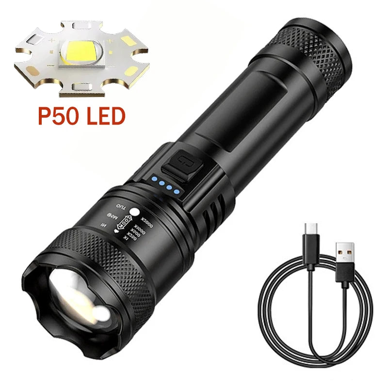 High Strong Power LED Flashlight Tactical Torch USB Rechargeable Zoom Emergency Lights For Outdoor Fishing Work Lighting Lamp