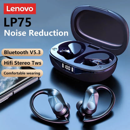 Lenovo LP75 TWS Wireless Bluetooth V5.3 Earphones IPX5 Digital Display Ear Hook Earbuds HiFi Stereo Noise Reduction Headphones