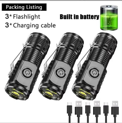 Portable Mini LED Flashlight Powerful 3*Wick Small Pocket Torch USB Rechargeable Strong Light Lantern Super Bright Cap Clip Lamp