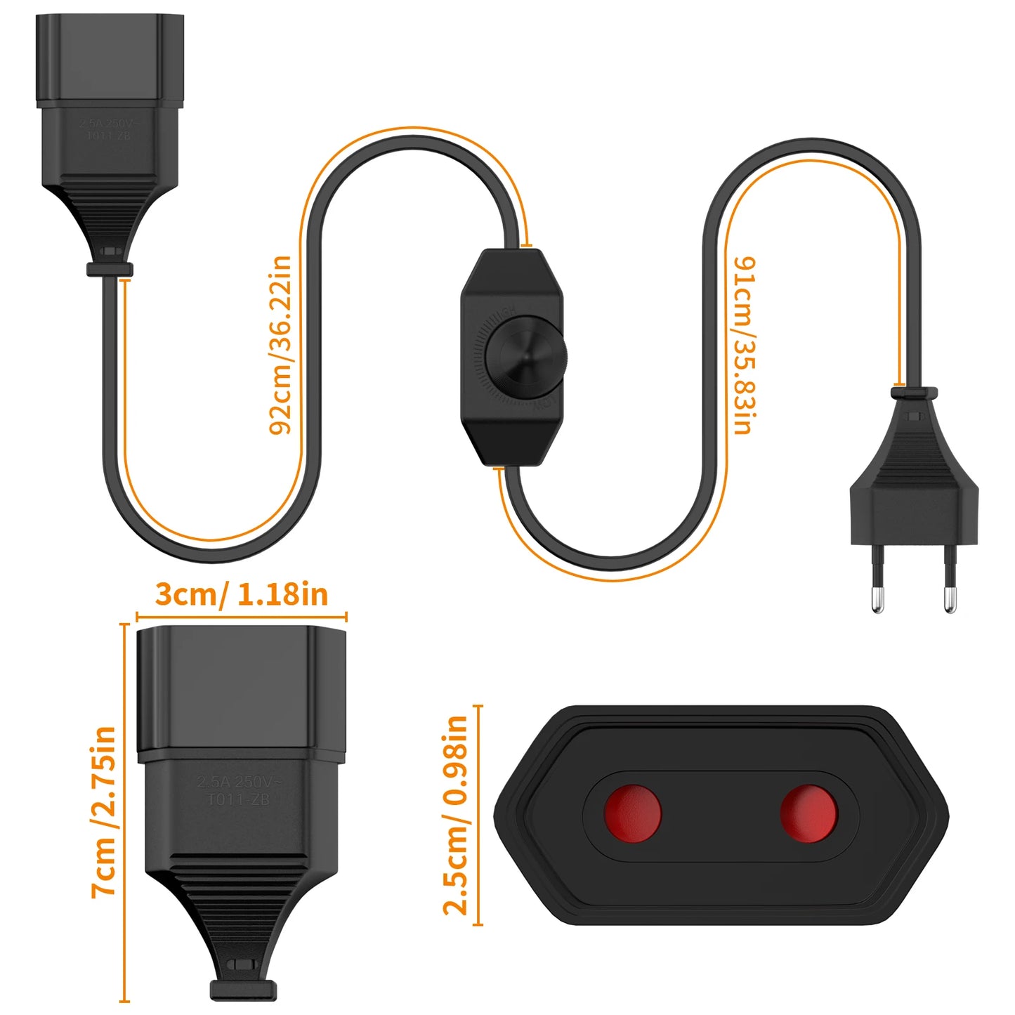 1/2-pack European LED switching power cord socket, 2-pin flat EU plug, silent LED dimmer, total length 2M, black and white