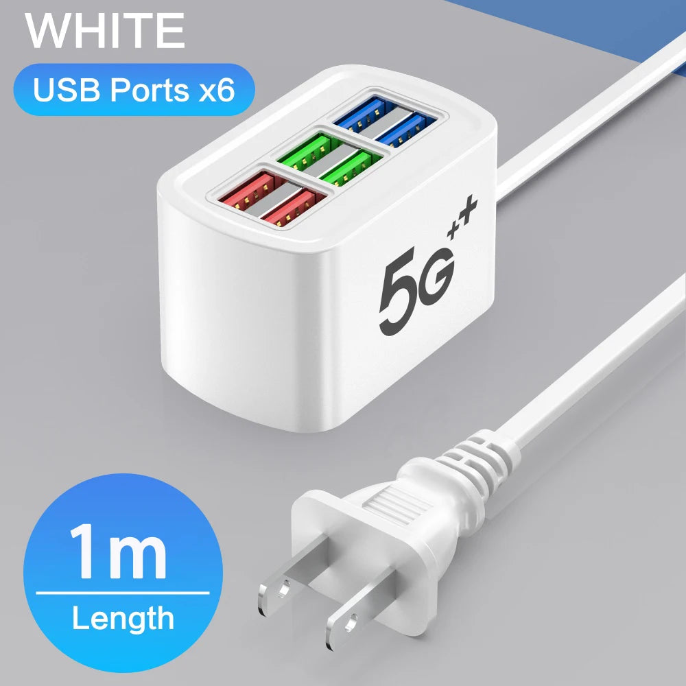 Multi 6 Ports USB Phone Charger Power Strip Universal Adapter Fast Quick Charging Head Socket Wall Charger Socket HUB Splitter