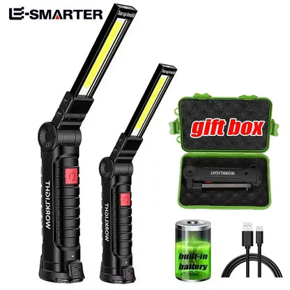 COB LED Work Light Dimmable USB Rechargeable LED Flashlight Inspection Lamp With Magnetic Hook Power Bank 18650 Battery Torch