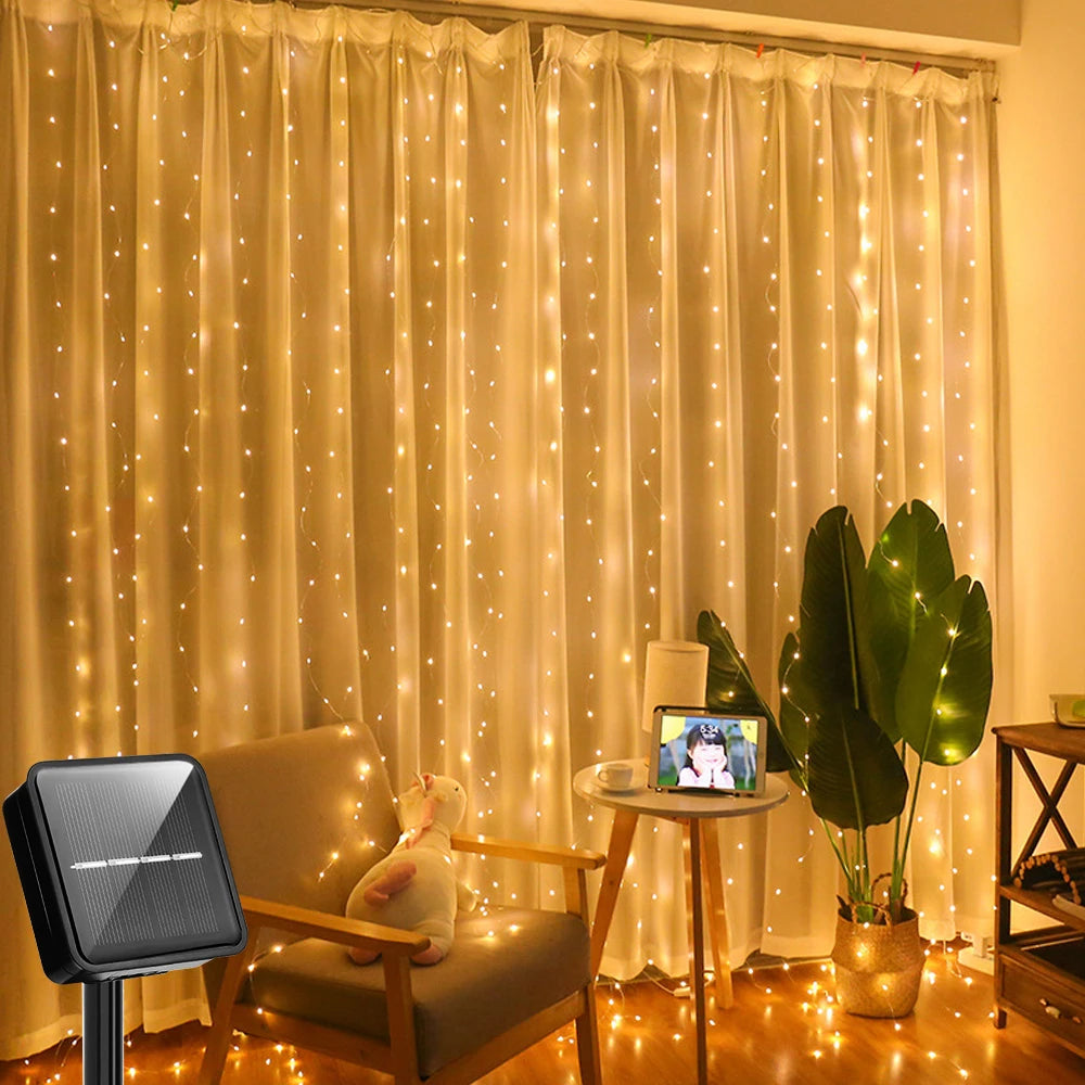Solar Curtain Light LED Outdoor Waterproof 300leds Garland Decoration String Lights Yard Fairy Garland String Lights
