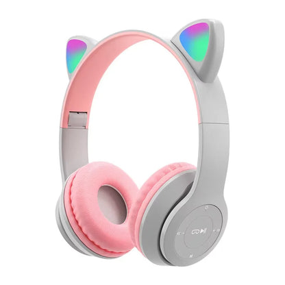Cute Cat Ear Wireless Headphones with Rgb LED Lights for Kids Stereo Bluetooth Headset for Mobile Music and Computer Gaming