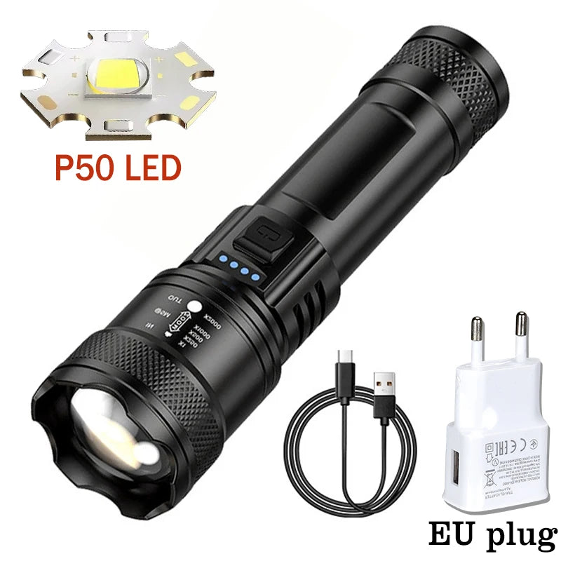 High Strong Power LED Flashlight Tactical Torch USB Rechargeable Zoom Emergency Lights For Outdoor Fishing Work Lighting Lamp