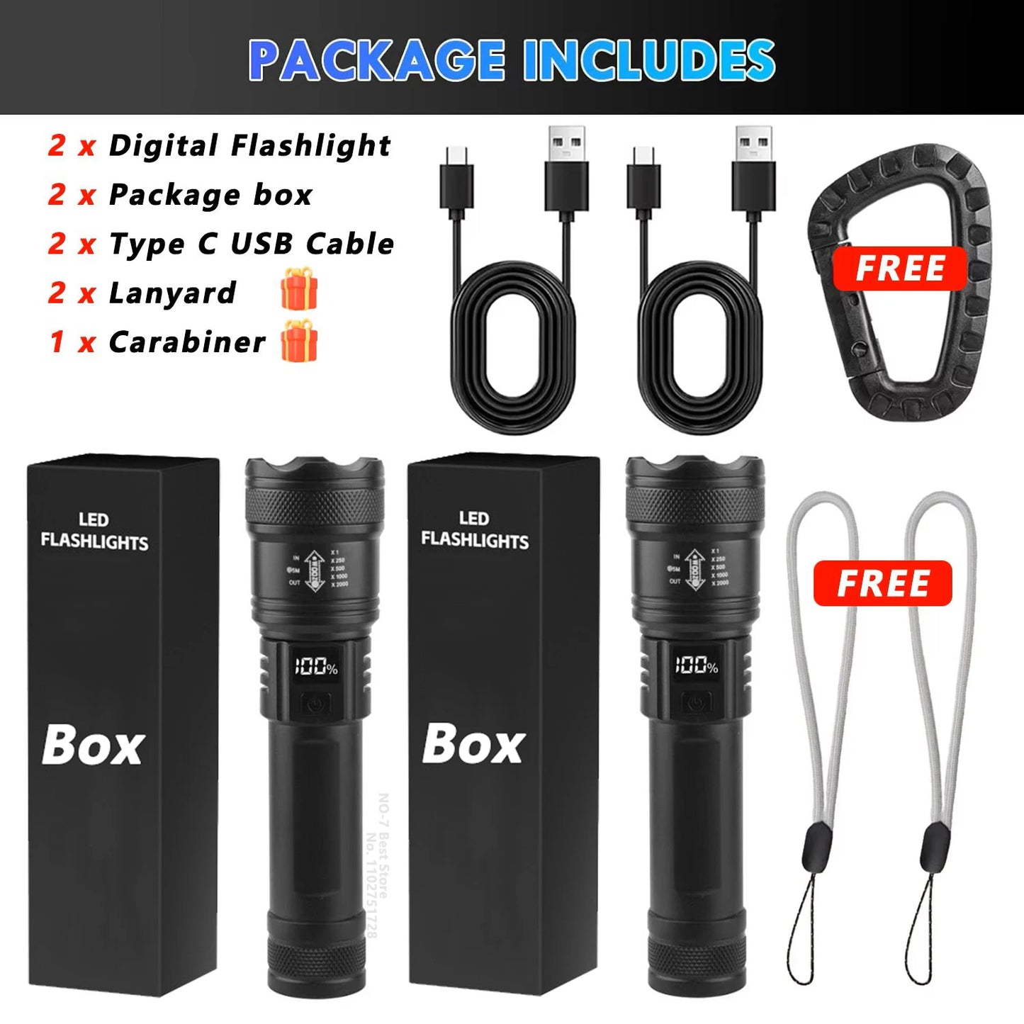 High Strong Power LED Flashlight Tactical Torch USB Rechargeable Zoom Emergency Lights For Outdoor Fishing Work Lighting Lamp