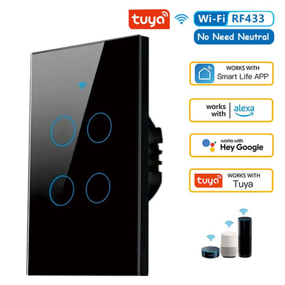 Tuya App US WiFi Smart Wall Switch 1/2/3 Gang No Neutral Wire Touch Sensor LED Light Switches Smart Home Alexa Google Home
