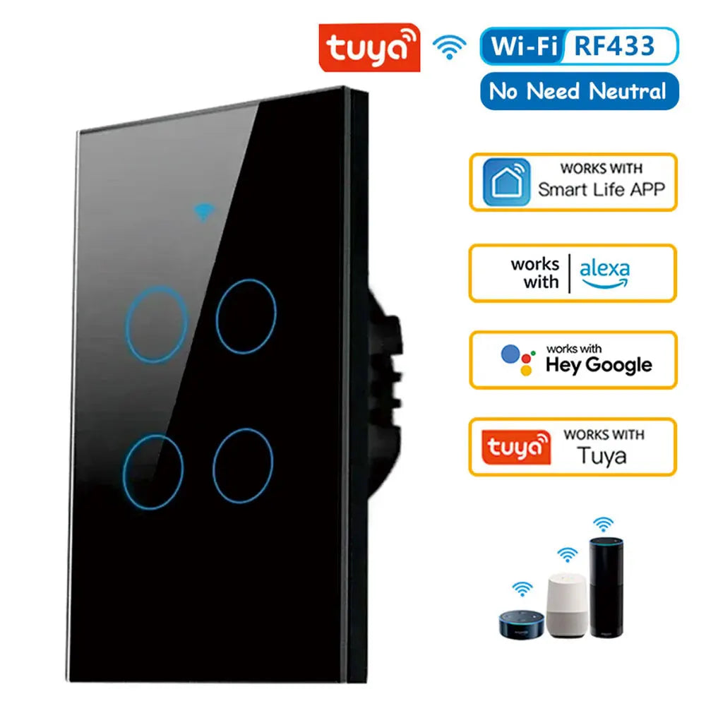 Tuya App US WiFi Smart Wall Switch 1/2/3 Gang No Neutral Wire Touch Sensor LED Light Switches Smart Home Alexa Google Home