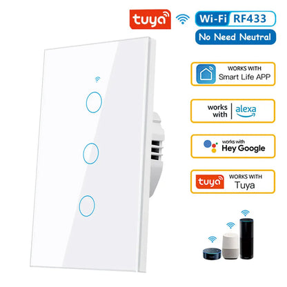 Tuya App US WiFi Smart Wall Switch 1/2/3 Gang No Neutral Wire Touch Sensor LED Light Switches Smart Home Alexa Google Home
