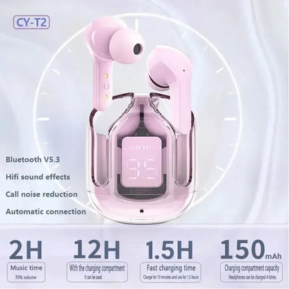 TWSHK3 Wireless Bluetooth Earphone Noise Canceling HiFi Stereo Sport Headphones with Digital Display Transparent Charging Case