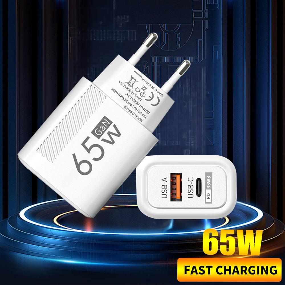 65W GaN USB Charger PD QC3.0 EU/US Plug Wall Charger Adapter For iPhone Samsung Xiaomi Phone Type C Fast Charging Power Adapter