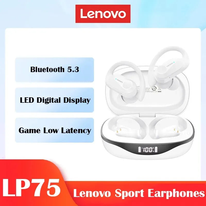 Lenovo LP75 TWS Wireless Bluetooth V5.3 Earphones IPX5 Digital Display Ear Hook Earbuds HiFi Stereo Noise Reduction Headphones